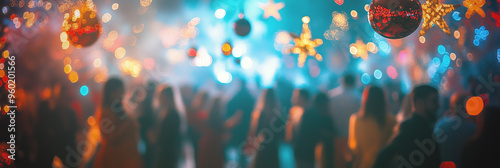 A lively celebration with colorful lights and holiday decorations. People enjoy the festive atmosphere as they dance and celebrate the season together.