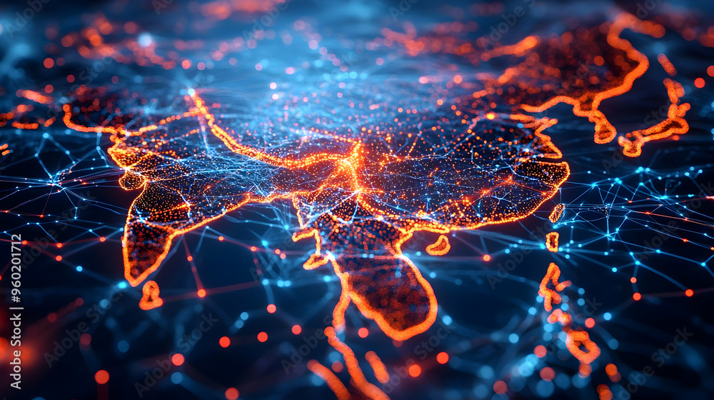 A digital representation of Asia with interconnected networks. A digital representation of Asia with interconnected networks.