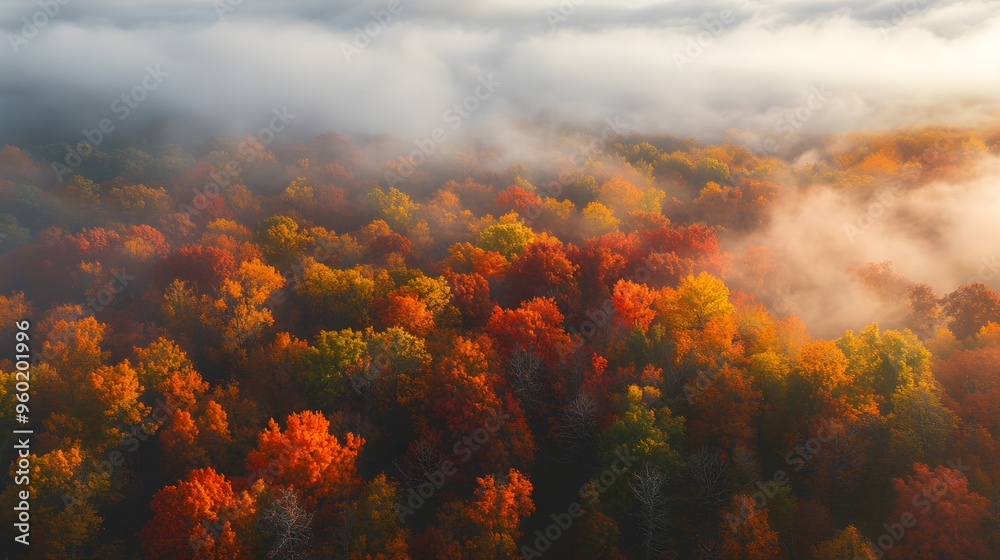 An aerial shot capturing a vibrant autumn forest covered in red, orange, and yellow leaves, with morning mist gently floating above the treetops. An aerial shot capturing a vibrant autumn forest covered in red, orange, and yellow leaves, with morning mist gently floating above the treetops.