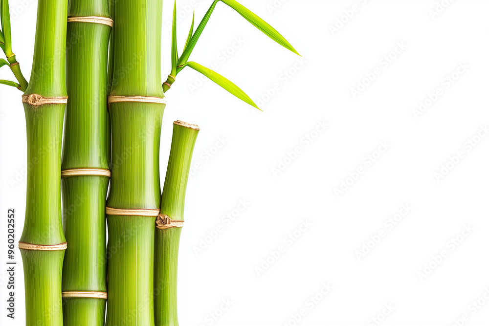 Bamboo with bamboo leaf isolated on white background, Tropical bamboo trunk with leaf on left side. Bamboo with bamboo leaf isolated on white background, Tropical bamboo trunk with leaf on left side.