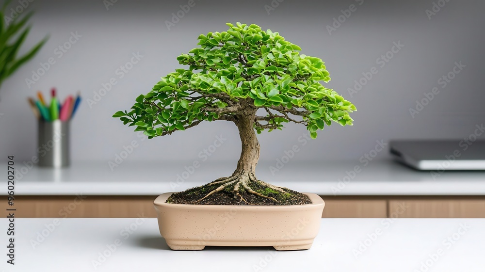 Tiny bonsai tree on a minimalistic desk, serene and focused workspace, bonsai, miniature cultivation Tiny bonsai tree on a minimalistic desk, serene and focused workspace, bonsai, miniature cultivation