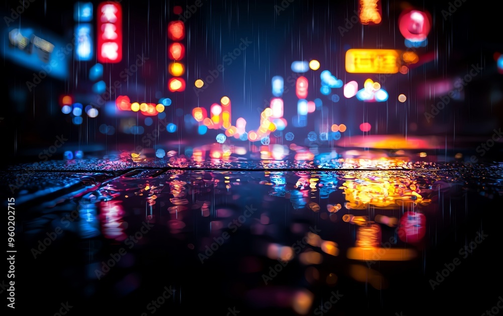 Vibrant night scene with illuminated neon signs reflecting on a wet street after rain, creating a colorful urban atmosphere. Vibrant night scene with illuminated neon signs reflecting on a wet street after rain, creating a colorful urban atmosphere.