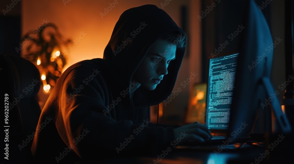 One young male programmer in a dark hoodie working on his coding late at night in his office with dramatic warm and cool lighting One young male programmer in a dark hoodie working on his coding late at night in his office with dramatic warm and cool lighting