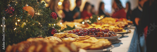 An inviting spread of holiday treats surrounded by the glow of Christmas lights. The scene captures the warmth of gathering together to share seasonal indulgences.