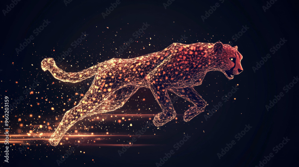 Vector illustration of a low poly cheetah in motion. The design features a polygonal cheetah leaping with a mesh of spheres and flying debris. The concept is rendered in thin lines, emphasizing. Vector illustration of a low poly cheetah in motion. The design features a polygonal cheetah leaping with a mesh of spheres and flying debris. The concept is rendered in thin lines, emphasizing.