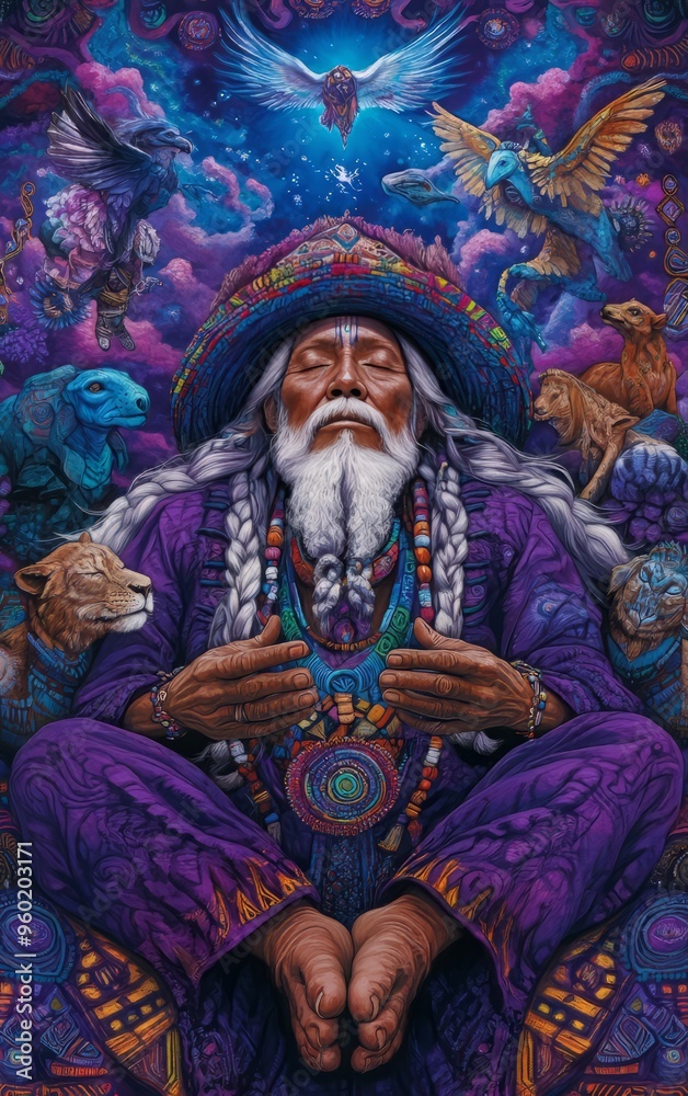 Fototapeta premium A wise shaman surrounded by mystical animals and vibrant colors, embodying spiritual energy and connection to nature.
