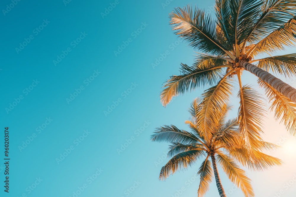 Tropical sun shining brightly over a palm-lined beach, warm weather, summer vibes Tropical sun shining brightly over a palm-lined beach, warm weather, summer vibes