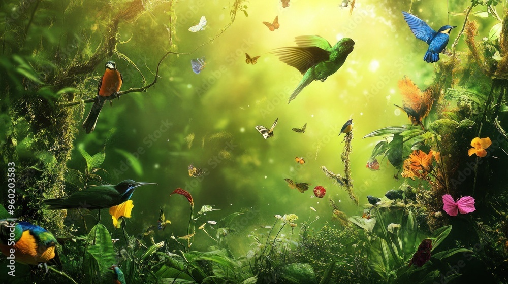 Birds and Butterflies in a Lush Rainforest Birds and Butterflies in a Lush Rainforest