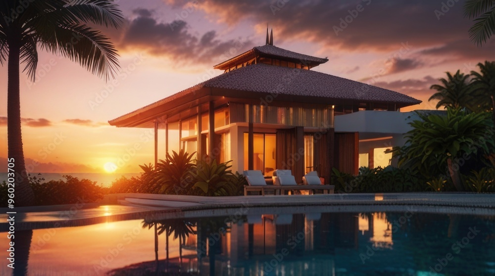 Luxury Tropical Villa at sunset with swimming pool Luxury Tropical Villa at sunset with swimming pool