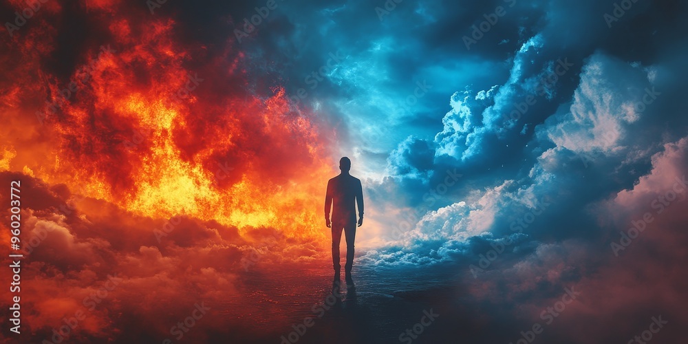 Man Standing Between Fiery Past and Serene Future Man Standing Between Fiery Past and Serene Future