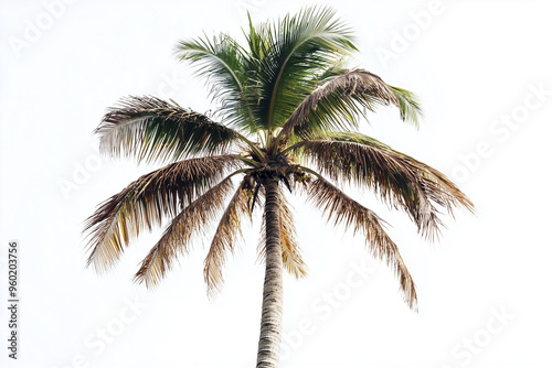 Top of coconut tree isolated on white background, Palm tree with tall trunk. photo