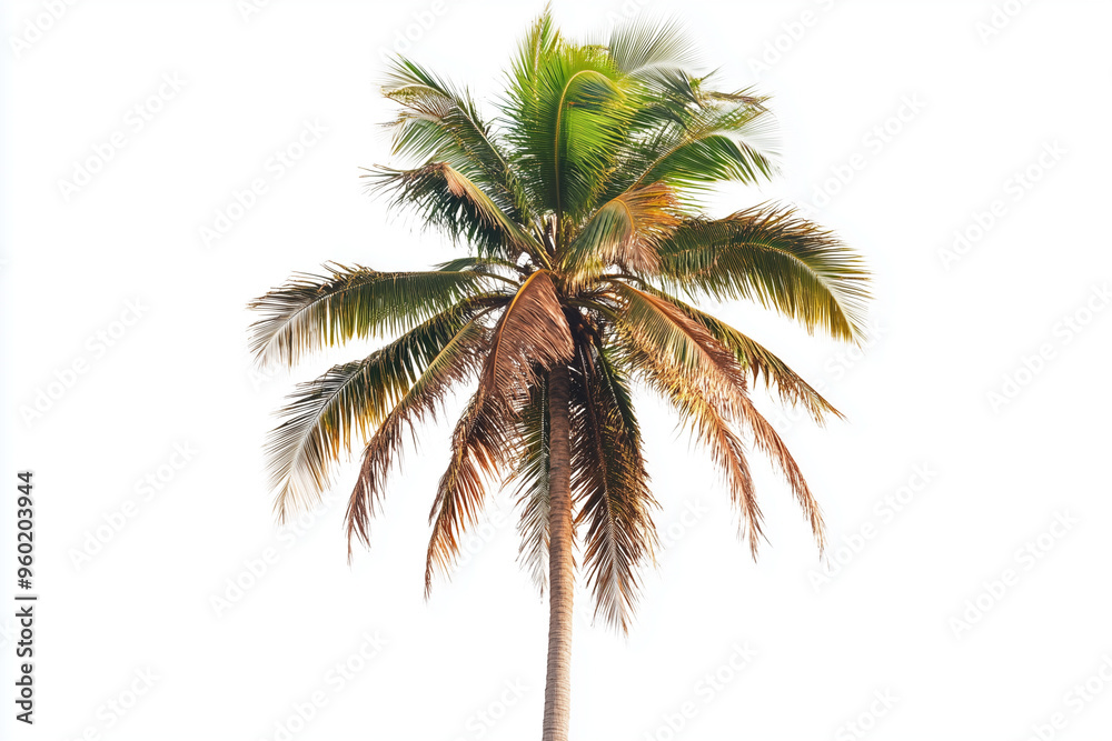 Top of coconut tree isolated on white background, Palm tree with tall trunk and dry leaf.