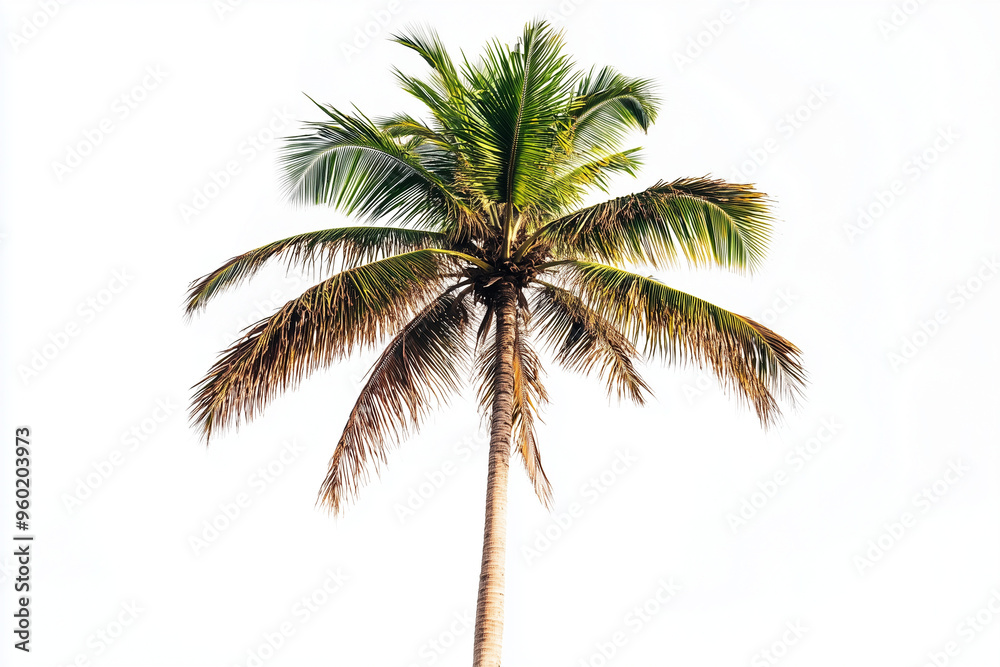 Top of coconut tree isolated on white background, Palm tree with tall trunk and dry leaf. Top of coconut tree isolated on white background, Palm tree with tall trunk and dry leaf.