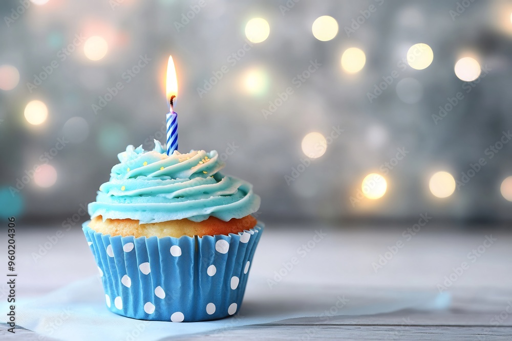 a cupcake with blue frosting and lit candle on top of it a cupcake with blue frosting and lit candle on top of it