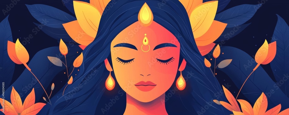 Conceptual illustration of an Indian goddess surrounded by Diwali lights and flowers, divine symbolism, Indian spirituality