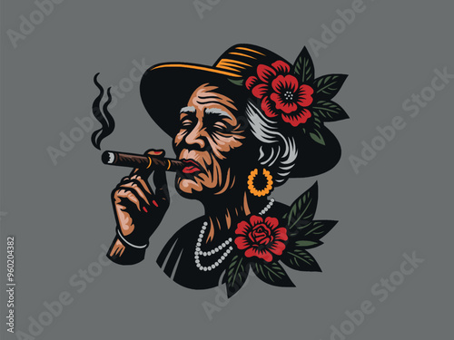 An elderly Caribbean Cuban woman smokes a cigar. Vintage retro illustration. Emblem, logo, print. colorful