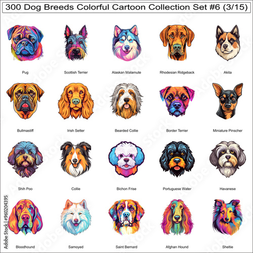 Colorful Cute Dog Breeds Cartoon Characters Bundle Collection Set 6 of 300 Dog Faces Isolated Part 3