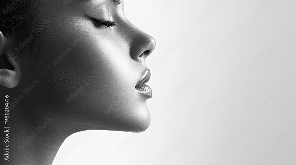 Beauty girl in profile view, showcasing flawless skin and a defined nose, against a clean white background, highlighting the elegance of facial contours Beauty girl in profile view, showcasing flawless skin and a defined nose, against a clean white background, highlighting the elegance of facial contours