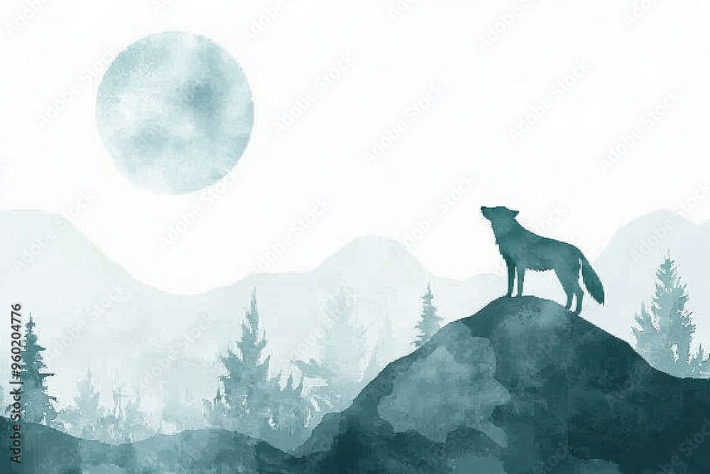 Fototapeta Silhouette of lone wolf howling at the moon over misty forest landscape