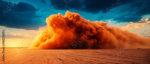 A dramatic dust storm billows across an open landscape as the sun sets, creating a stunning contrast of colors and textures.