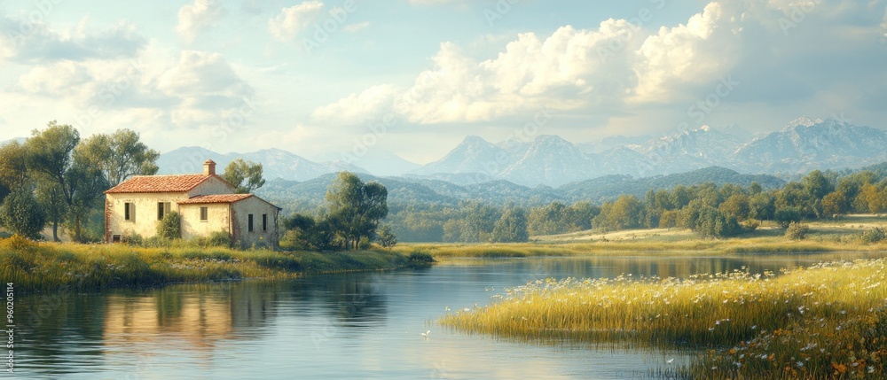 Naklejka premium Rustic Cottage by a Serene Lake with Mountain Views