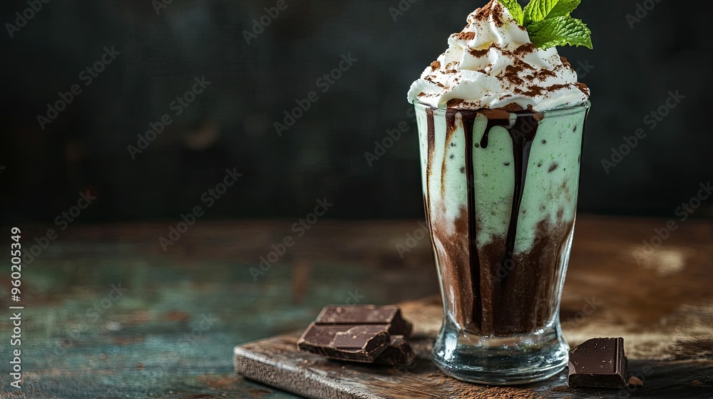 Boozy frozen mint milkshake in a tall glass topped with whipped cream and a mint leaf garnish, with drizzled chocolate syrup on a rustic wooden table, indulgent and refreshing Boozy frozen mint milkshake in a tall glass topped with whipped cream and a mint leaf garnish, with drizzled chocolate syrup on a rustic wooden table, indulgent and refreshing