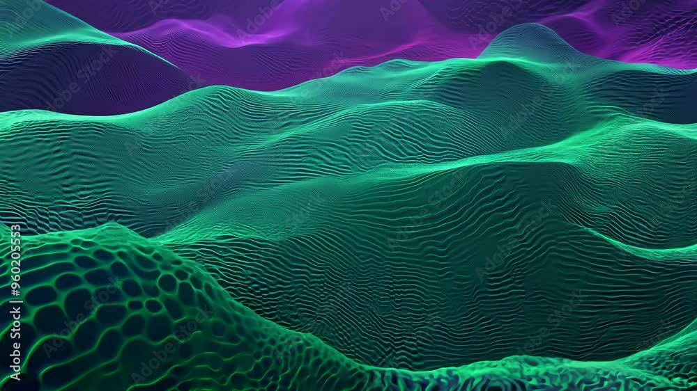 Beautiful abstract wave background with organic, cellular structure texture effect, green and purple colour rendered in 3d