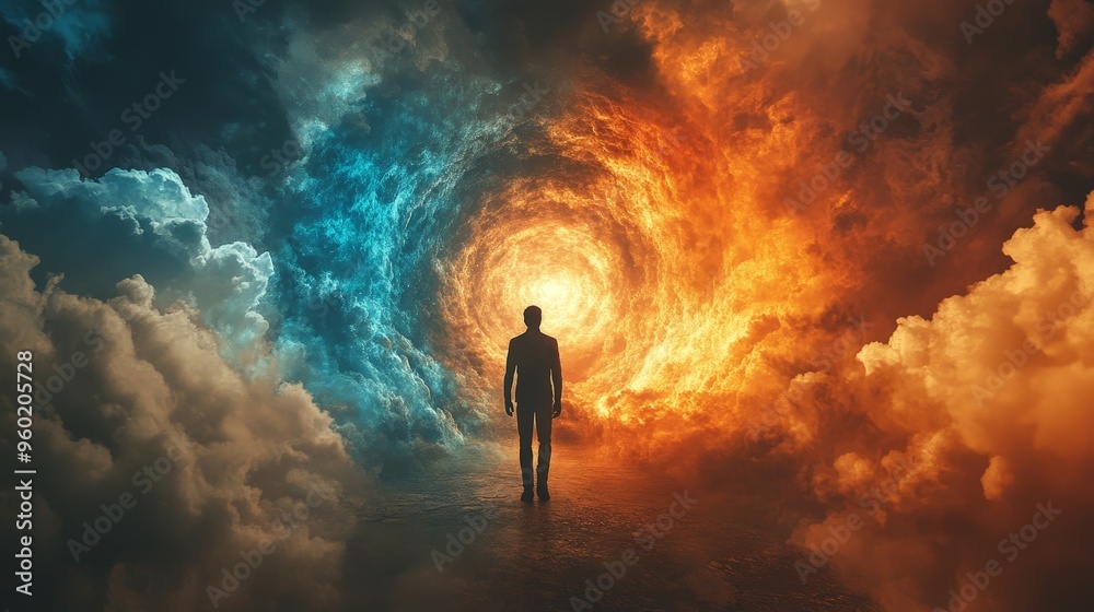 Man Standing Between Fiery Past and Serene Future Man Standing Between Fiery Past and Serene Future