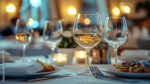 Photo of Elegant Restaurant Table Setting with Wine Glasses and Gourmet Food in Warm Light