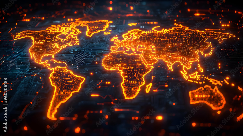 A digital world map illuminated in orange, symbolizing connectivity.