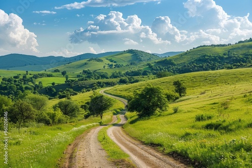 Landscape with road in a green hills in a sunny day. AI generative