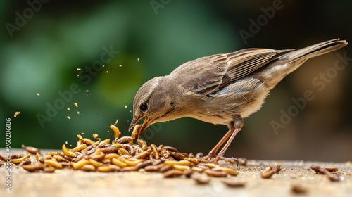 4h a bird eating dried mealworms, dried mealworms falling to the ground