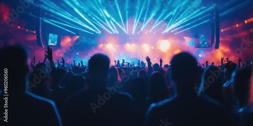 An enthusiastic concert audience immersed in a dynamic and colorful light display 