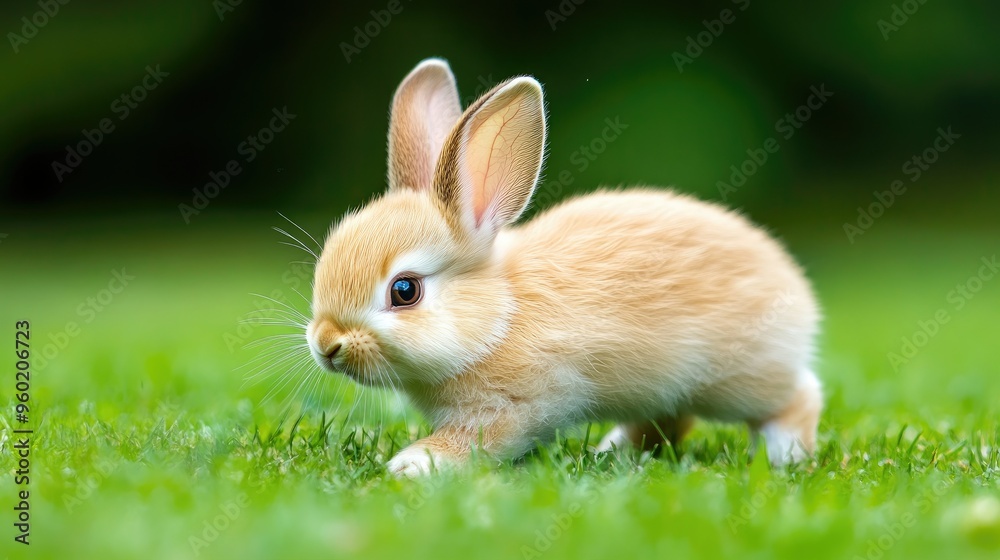 Charming baby bunny hopping across a green lawn, pausing to bite the grass. A delightful scene for pet lovers showcasing the natural behavior of rabbits. Charming baby bunny hopping across a green lawn, pausing to bite the grass. A delightful scene for pet lovers showcasing the natural behavior of rabbits.