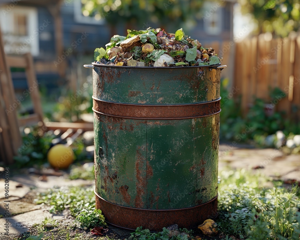 Compost Bin Filled with Fall Leaves in a Sustainable Eco-Friendly Backyard Garden, Green Living and Sustainable Gardening Practices Compost Bin Filled with Fall Leaves in a Sustainable Eco-Friendly Backyard Garden, Green Living and Sustainable Gardening Practices