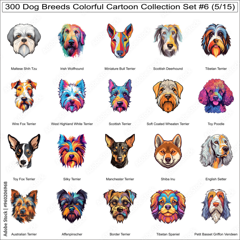 Colorful Cute Dog Breeds Cartoon Characters Bundle Collection Set 6 of ...