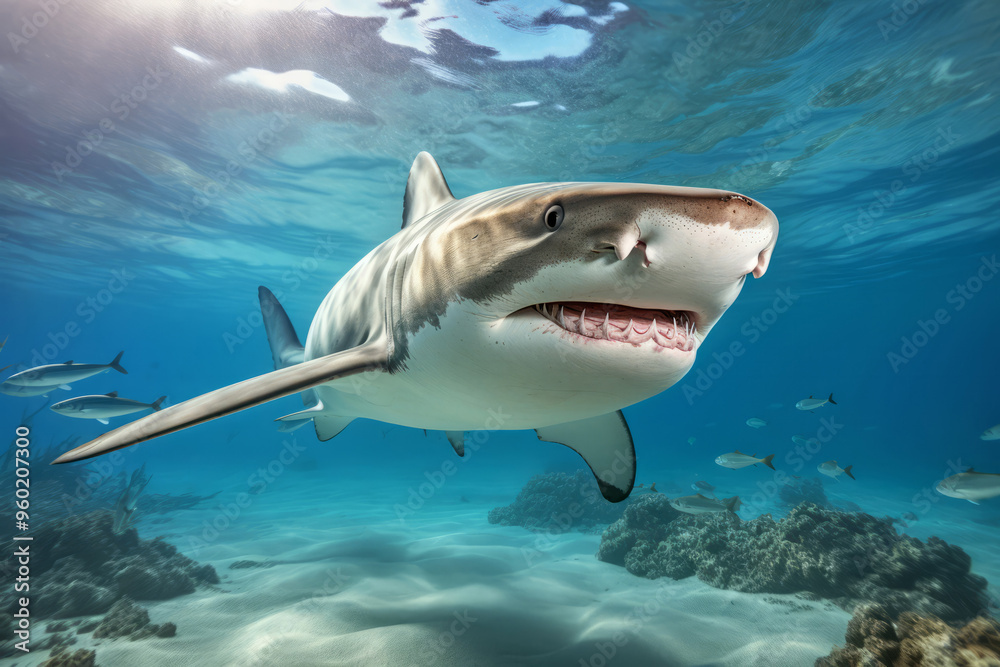 Fototapeta premium Shark Marine Animal Swimming In A Clear Blue Ocean Sea