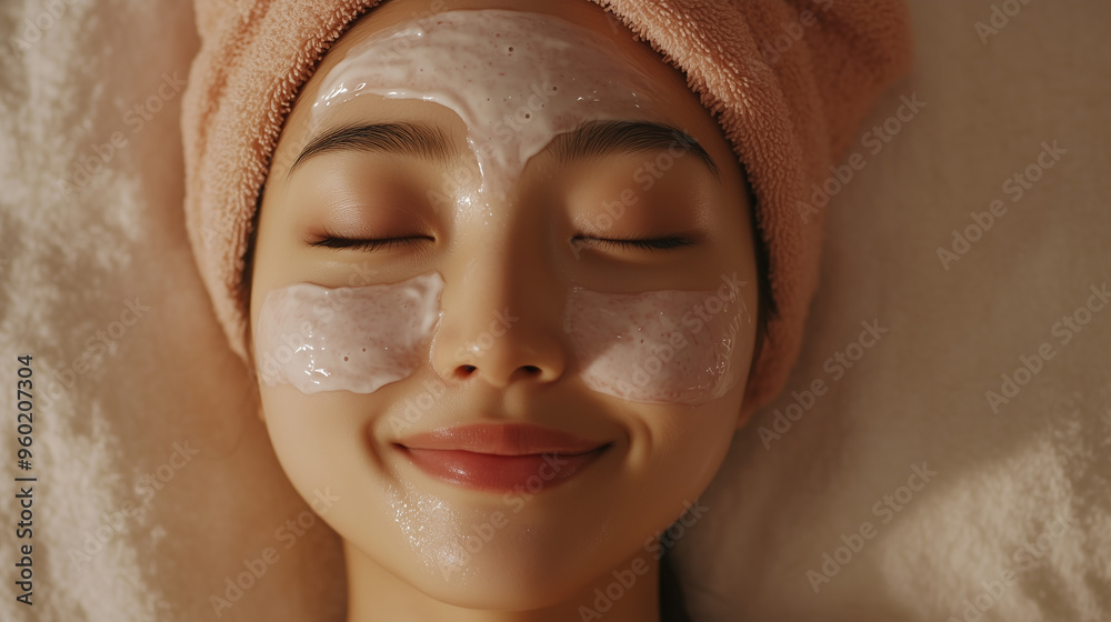 Happy and Healthy Asian Female Model Enjoying a Morning Spa Treatment with Cleanser, Facial Mask, and Hygienic Skin Care Products Happy and Healthy Asian Female Model Enjoying a Morning Spa Treatment with Cleanser, Facial Mask, and Hygienic Skin Care Products