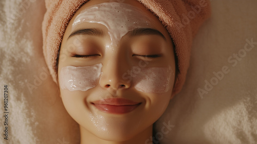 Happy and Healthy Asian Female Model Enjoying a Morning Spa Treatment with Cleanser, Facial Mask, and Hygienic Skin Care Products