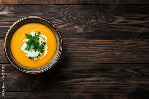 A bowl of pumpkin soup stands on a wooden table. Autumn dining table.