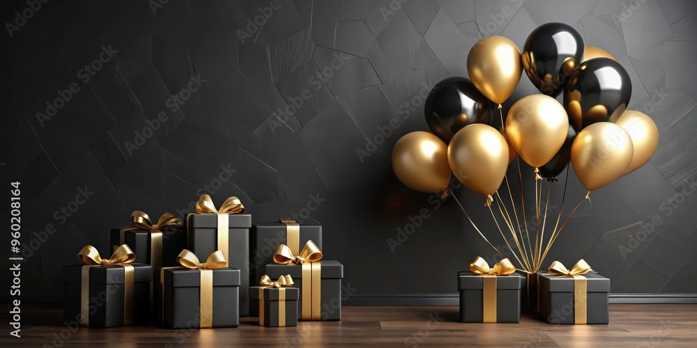 Interior scene with black and gold gift boxes and balloons, perfect for birthday party or promo banners Interior scene with black and gold gift boxes and balloons, perfect for birthday party or promo banners