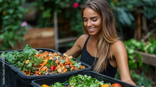 Sustainable Living Woman Sorting Recyclables and Composting for a Healthy Planet and Active Lifestyle, Eco-Friendly Habits for a Greener Future