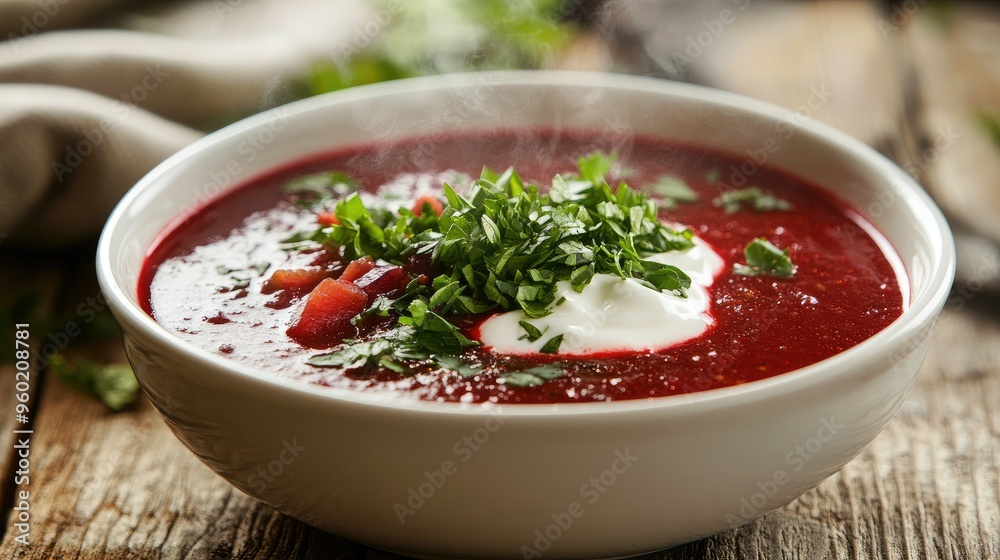 Close-up of a delicious beetroot borsch soup in a white bowl, garnished with fresh herbs and a swirl of sour cream, steaming hot, on a rustic wooden surface Close-up of a delicious beetroot borsch soup in a white bowl, garnished with fresh herbs and a swirl of sour cream, steaming hot, on a rustic wooden surface