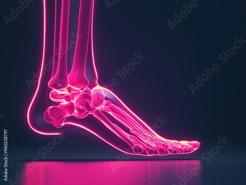 Neonhighlighted skeletal foot model, 3D illustration photo