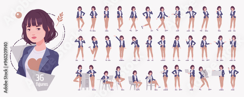 Effective good looking business young woman, attractive girl character set, office life bundle. Confident active female work area poses, emotions, mood, busy workspace situations. Vector illustration