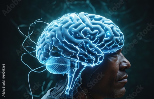 Close-up of a man with a brain model placed on his head