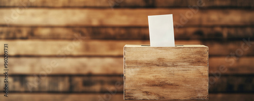 A wooden ballot box with a blank ballot paper, symbolizing voting and democratic processes, against a rustic background. photo