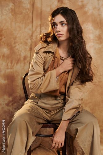 Foto Dressed in a sophisticated autumn ensemble, a young woman poses gracefully in a studio, embracing seasonal style