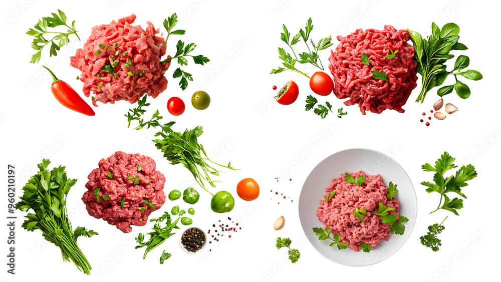 Freshly Ground Beef: Culinary Inspiration: A collage of raw minced meat adorned with vibrant herbs and spices, igniting culinary creativity for delectable dishes. Freshly Ground Beef: Culinary Inspiration: A collage of raw minced meat adorned with vibrant herbs and spices, igniting culinary creativity for delectable dishes.