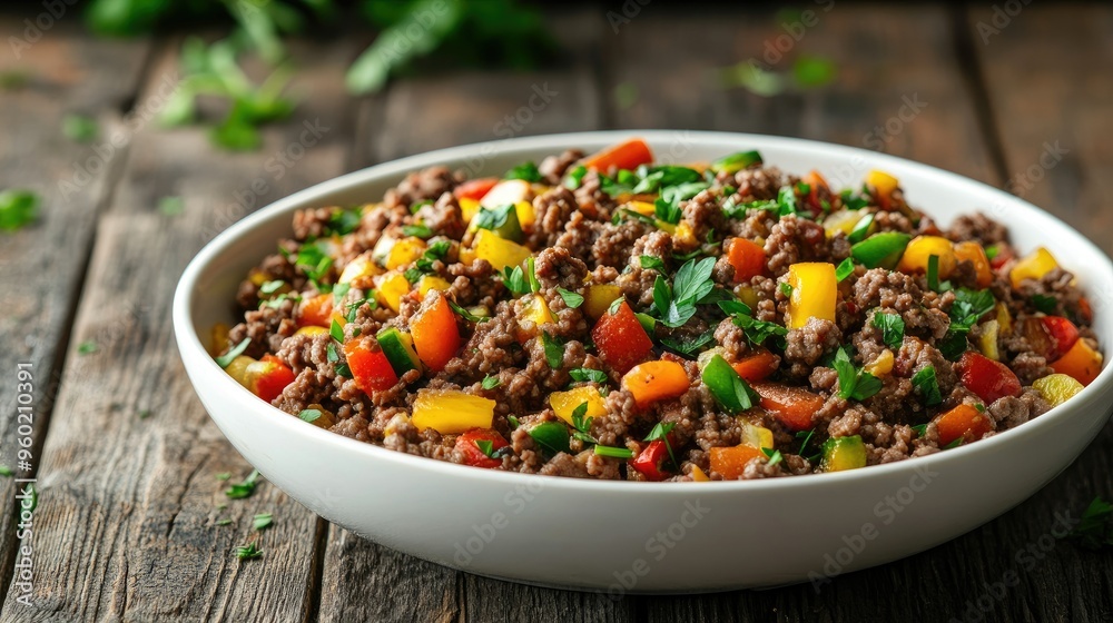 Close-up of a white bowl with minced beef and colorful vegetables, on a rustic wooden table, sprinkled with fresh herbs, warm and appetizing, ready to eat Close-up of a white bowl with minced beef and colorful vegetables, on a rustic wooden table, sprinkled with fresh herbs, warm and appetizing, ready to eat